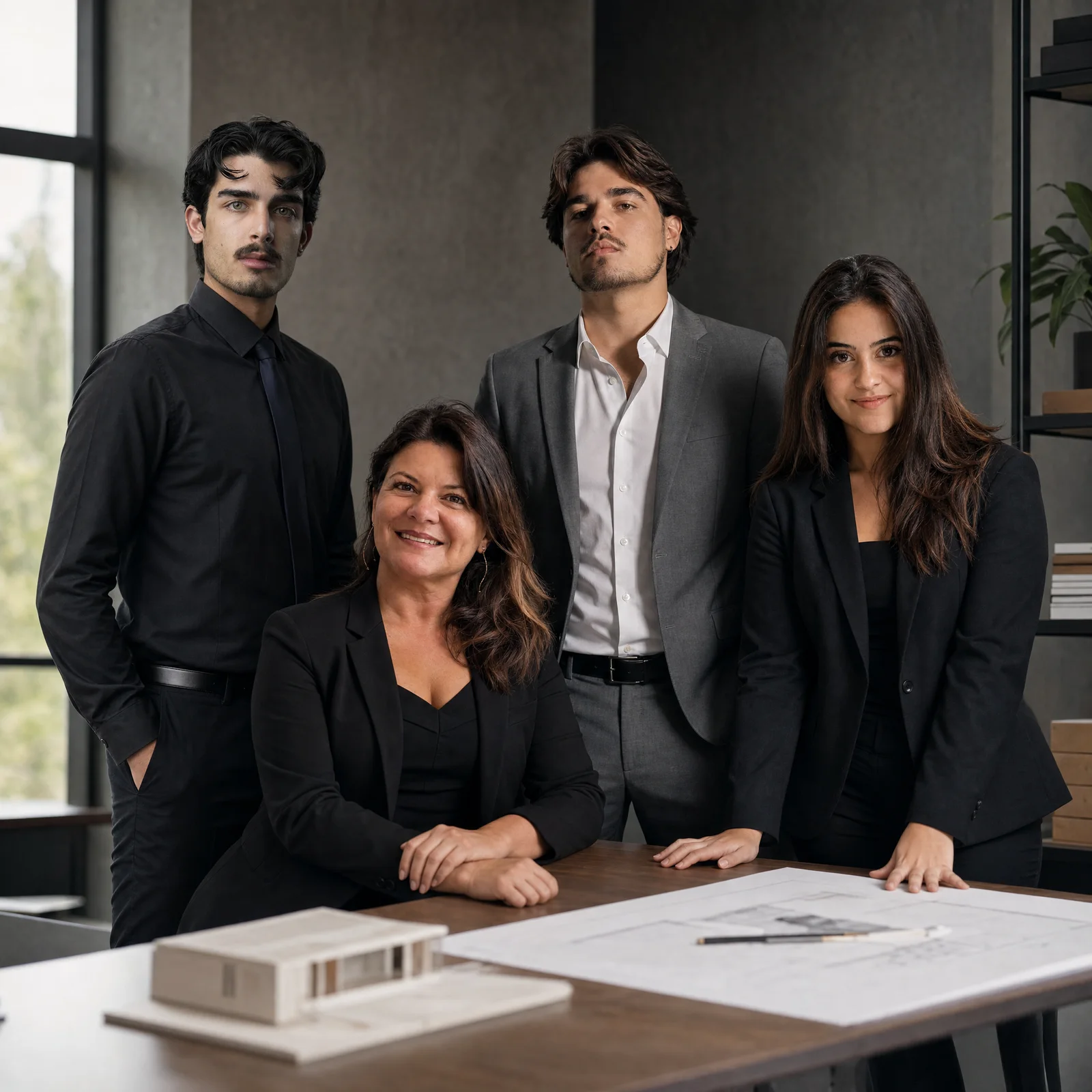 A equipe da Furmann Arquitetura reunida em torno da mesa de projetos do estúdio